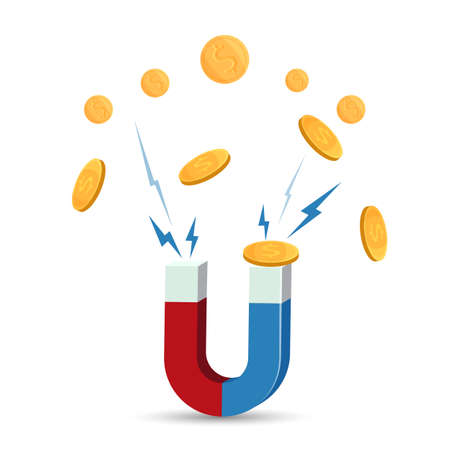 Magnet attracts gold coins vector illustration isolated on white.のイラスト素材