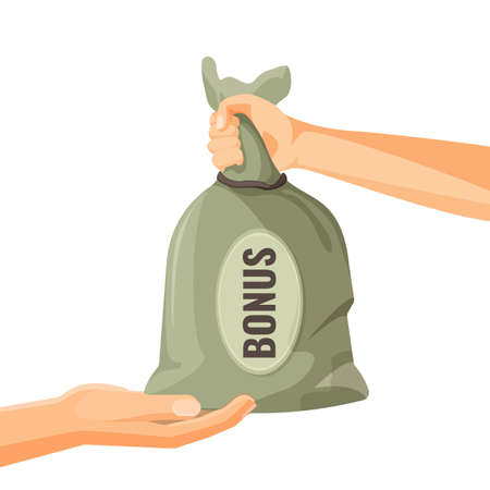 Giving money in bag with bonus text concept. One person donate moneyのイラスト素材