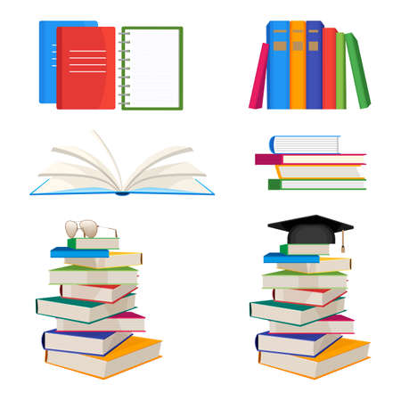 Set of book stacked with glasses or mortar board hatのイラスト素材