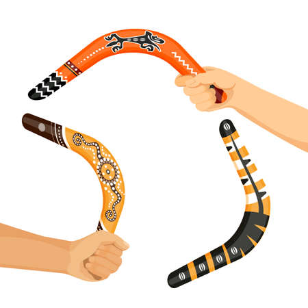 Painted traditional australian boomerang tools in hands vectorのイラスト素材