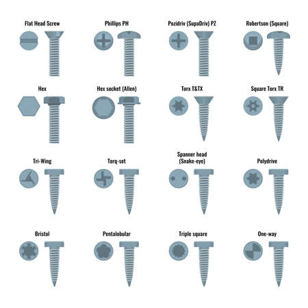 Screw and bolt heads set with text names vector illustration.のイラスト素材