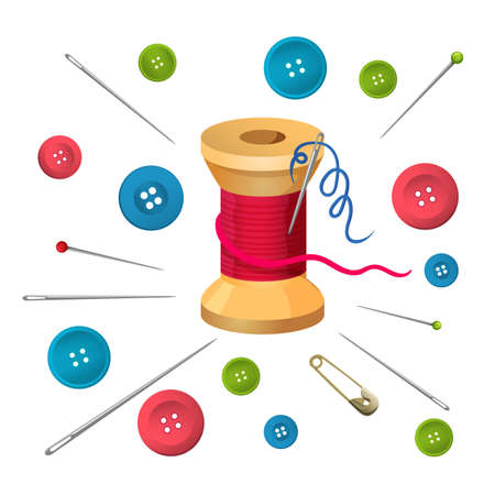 Reel with threads surrounded by pins and needles, buttons vector illustrationのイラスト素材