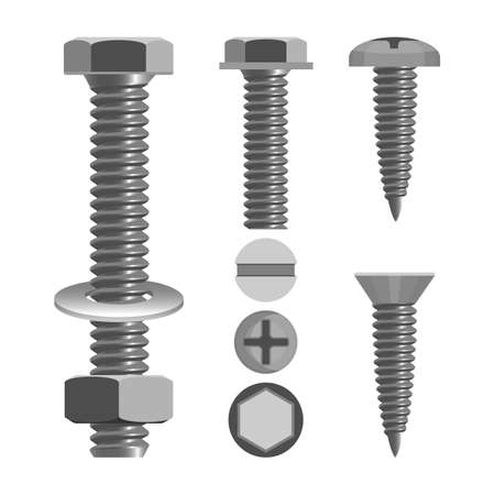 Bolts and nuts with different screw heads types realistic vector illustrationのイラスト素材