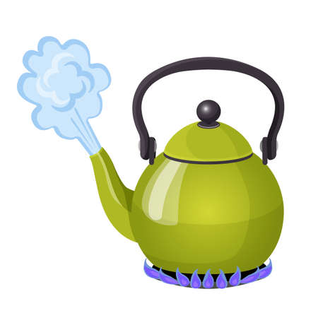 Boiling water in aluminium kettle on gas flame realistic vector illustrationのイラスト素材
