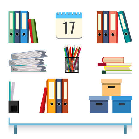 Stationery accessories on the table vector illustration. Folders with documentsのイラスト素材