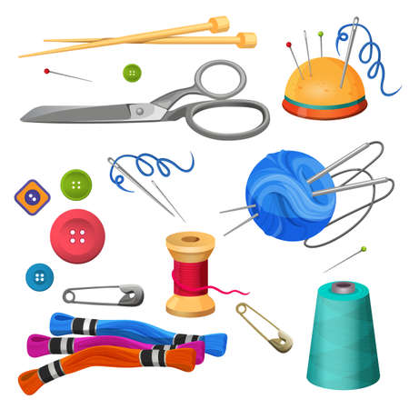 Set of accessories for sewing and handicraft. Colorful bobbinsのイラスト素材