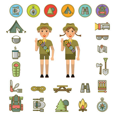 Scout boy and girl and equipment signs aroundのイラスト素材