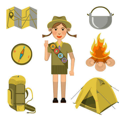 Scout girl showing honor hand sign and equipments set nearのイラスト素材