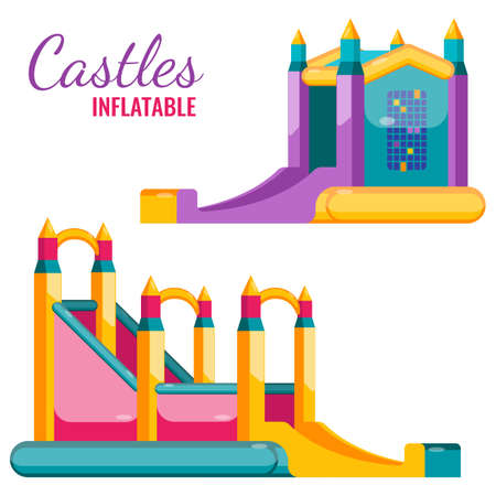 Two colorful castles inflatable isolated on white vector flat poster. Bouncy attractions for children amusement, jumping and slidingのイラスト素材