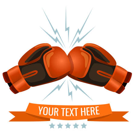 Boxing gloves hitting one another logotype design, add your text here. Cushioned mittens that fighters wear on hands during boxing matches and practices.のイラスト素材