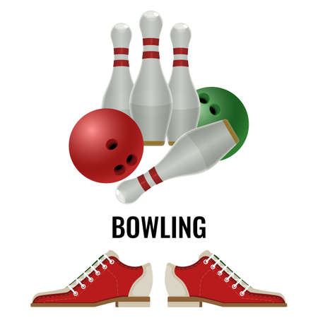 Bowling club logo design of equipment for play and pair of footwear sneakers. Vector illustration of pins and balls, skittles isolated on whiteのイラスト素材