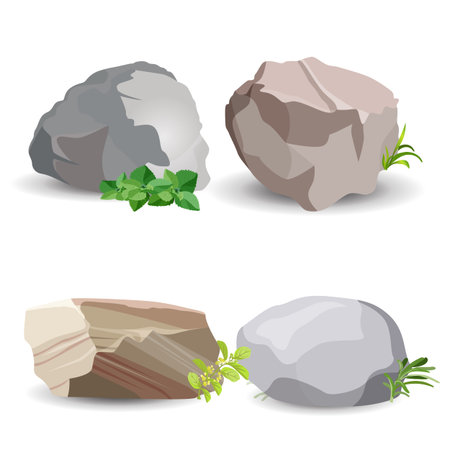 Four boulder stones with green grass and leaves isolated on white. Vector colorful poster of close up earth minerals big examples.のイラスト素材