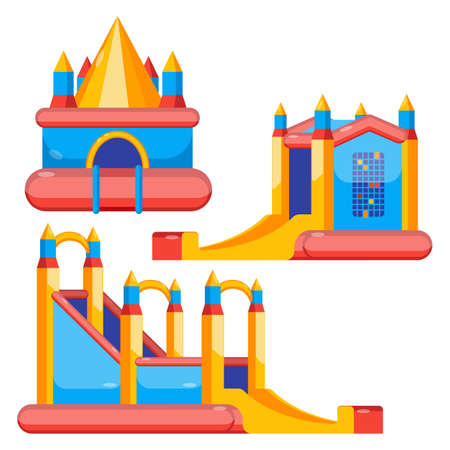 Bouncy castles for children amusement colorful collection isolated on white. Vector poster of childish inflatable jumping attractionsのイラスト素材