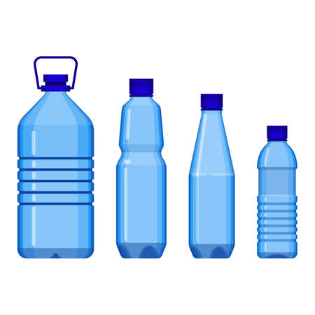 Water bottles standing in line from big to small, with and without handle. Vector poster of plastic containers for liquid isolated on whiteのイラスト素材