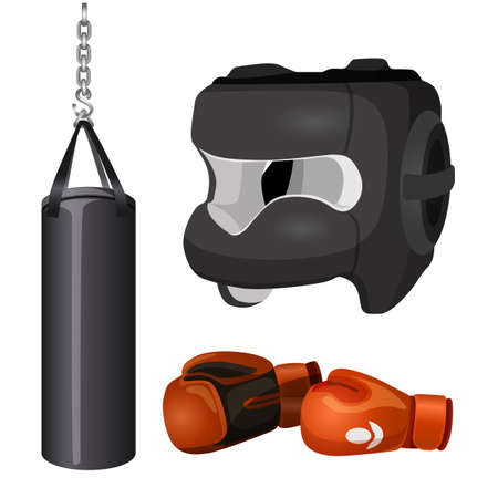 Boxing equipment punchbag on chain, protective headgear mask, leather gloves vector illustration isolated on white backgroundの写真素材