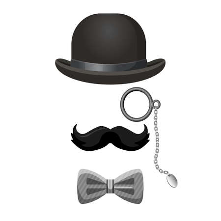 Vintage gentleman collection in black and grey colors isolated on white. Bowler hat, dark moustache, eye-glasses and bow tie vector posterの写真素材