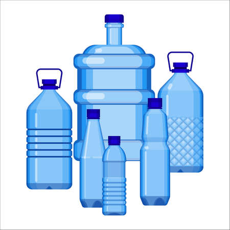 Water bottles collection of various size on white. Blue transparent plastic big and small containers for carrying and storage liquidのイラスト素材