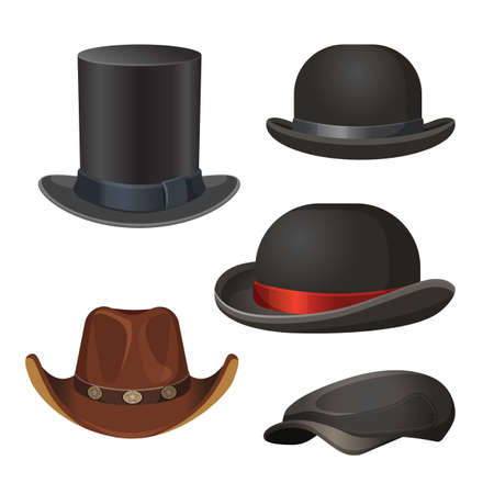 Hat for men set in black and brown colors with and without ribbons isolated on white vector illustration. Top and bowler shaped headdressesのイラスト素材