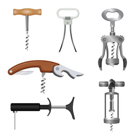 Set of bottle openers with wooden and metal handles vector illustration. Types of devices for removing metal caps from bottles, corkscrews used to remove cork or plastic stoppersのイラスト素材