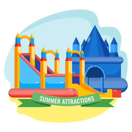 Summer park inflated attractions collection in shape of castle colorful vector poster. Bouncy equipments for children's amusement.の写真素材