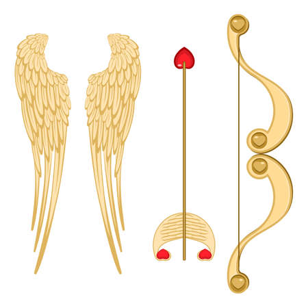 Angel wings, retro cupid bow and arrow with heart realistic vector illustration of accessories for valentines day isolated on whiteの写真素材
