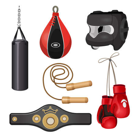 Boxing equipment punchbag, protective headgear mask, jumping rope, sport belt, leather gloves vector illustration isolated on white backgroundの写真素材