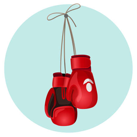 Boxing leather gloves in red and black color hanging on blue circle background vector illustration. Protecting mittens on hands during fightの写真素材
