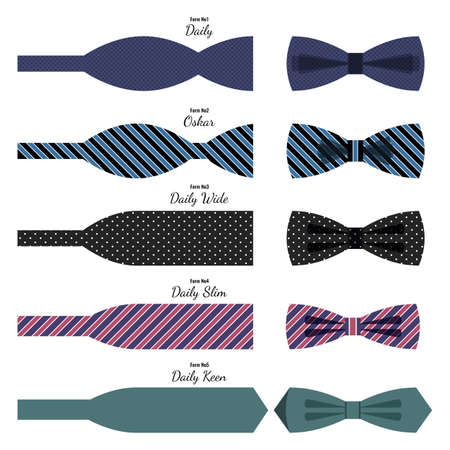 Bow ties collection with ready and unfinished decorations, its names. Vector poster of decorative elements for men while wearing suitsの写真素材