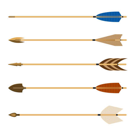 Archery arrows set vector illustration isolated on white background. Arrow consists of shaft with arrowhead attached to front end, with fletchings and nock at the other.の写真素材