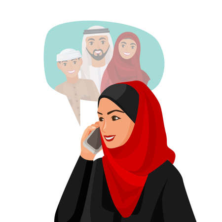 Muslim woman in hijab talking over phone with familyのイラスト素材