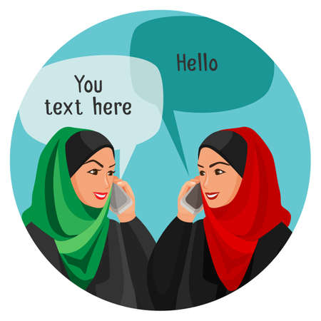 Arabian women making conversation over phones with space for textのイラスト素材