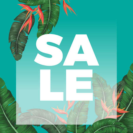Thick sale sign on promotional banner with exotic greeneryのイラスト素材