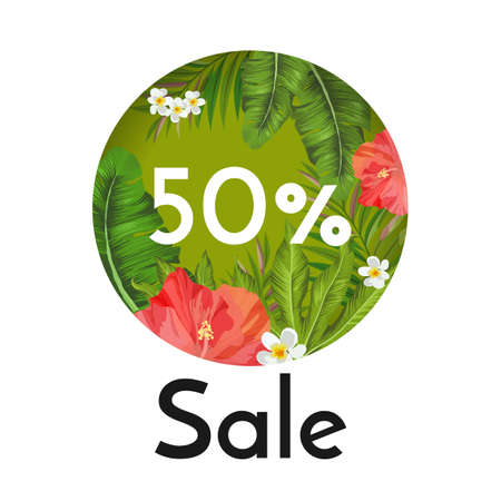 Sale banner with tropical flowers and plantsのイラスト素材