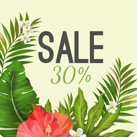 Sale poster on background with tropical leaves and flowersのイラスト素材