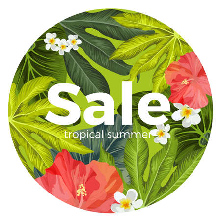 Sale promotion card with tropical flowers and leaves on backgroundのイラスト素材