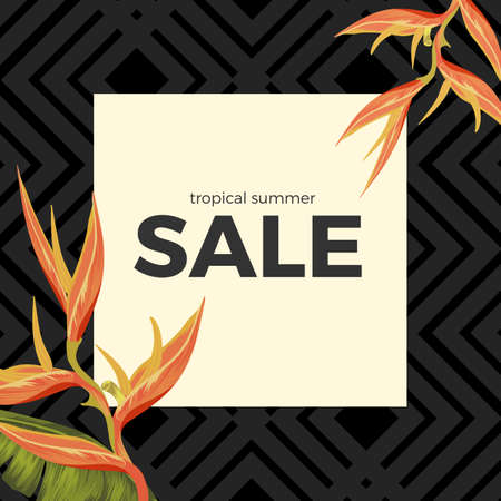 Tropical summer sale with Heliconia Sunset Orange flowersのイラスト素材