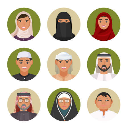 Arabic men and women of all ages portraits in circlesのイラスト素材