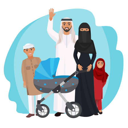 Friendly Arabic cartoon family stands together isolated illustrationのイラスト素材