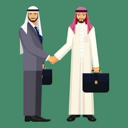 Arabic businessmen in suit and traditional clothing shake handsのイラスト素材
