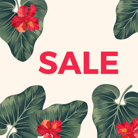 Red sale sign on promo poster with leaves and flowersのイラスト素材