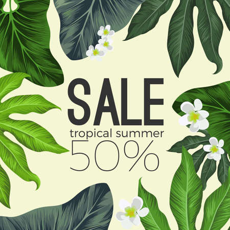 Tropical summer sale banner with flowers and leavesのイラスト素材