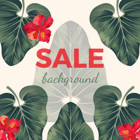 Sale background with exotic tropical leaves and red flowersのイラスト素材