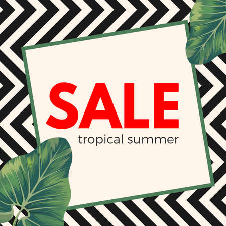 Sale tropical summer poster on ornamental zigzag backgroundのイラスト素材