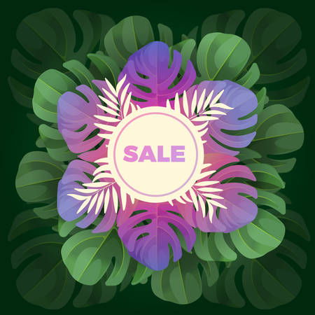 Sale text in white circle on background of leaves in realistic designのイラスト素材