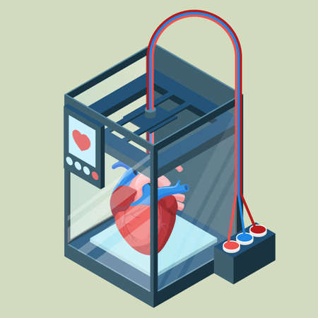 Creating artificial heart on three dimensional printer vector illustration isolated on white. Bioprinting concept, computer modeling of internal organ.のイラスト素材