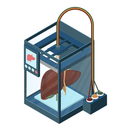 Creating artificial liver on three dimensional printer vector illustration isolated on white. Bioprinting concept, computer modeling of internal organ.のイラスト素材