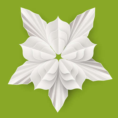 Beautiful flower with leaves made of white paper sheet isolated realistic vector illustration on green background. Amazing floristic origami work.のイラスト素材