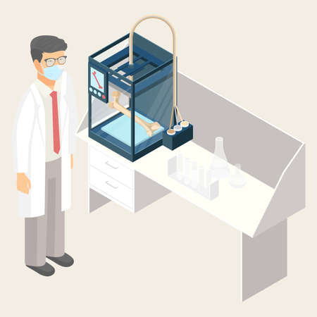 Doctor creating artificial human bone on 3D printer in laboratory at table with flasks. Additive manufacturing concept, medicine of future vector illustration.のイラスト素材
