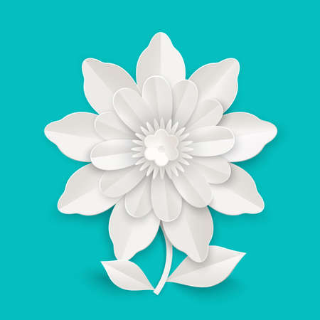 Beautiful flower with leaves made of white paper sheet isolated realistic vector illustration on background. Amazing floristic origami work.のイラスト素材