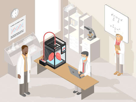Clinic laboratory with medical 3D printer and professional doctorsのイラスト素材
